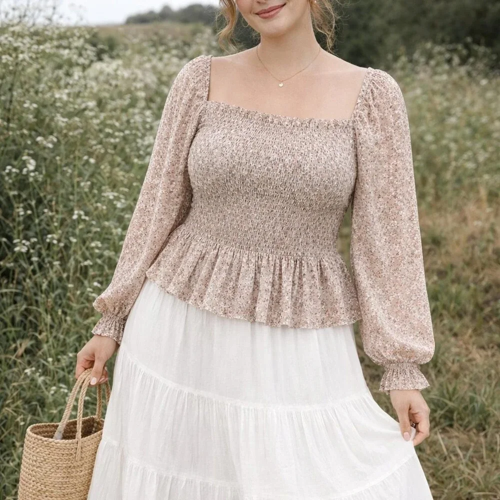 Cream‎ Floral Smocked Women Blouse Cottagecore 3X